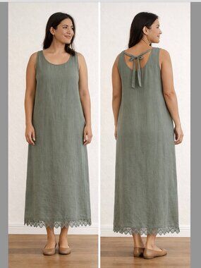 Rosemarie Linen Tank Maxi Dress Italian Lagenlook Minimalist crochet sz L Green